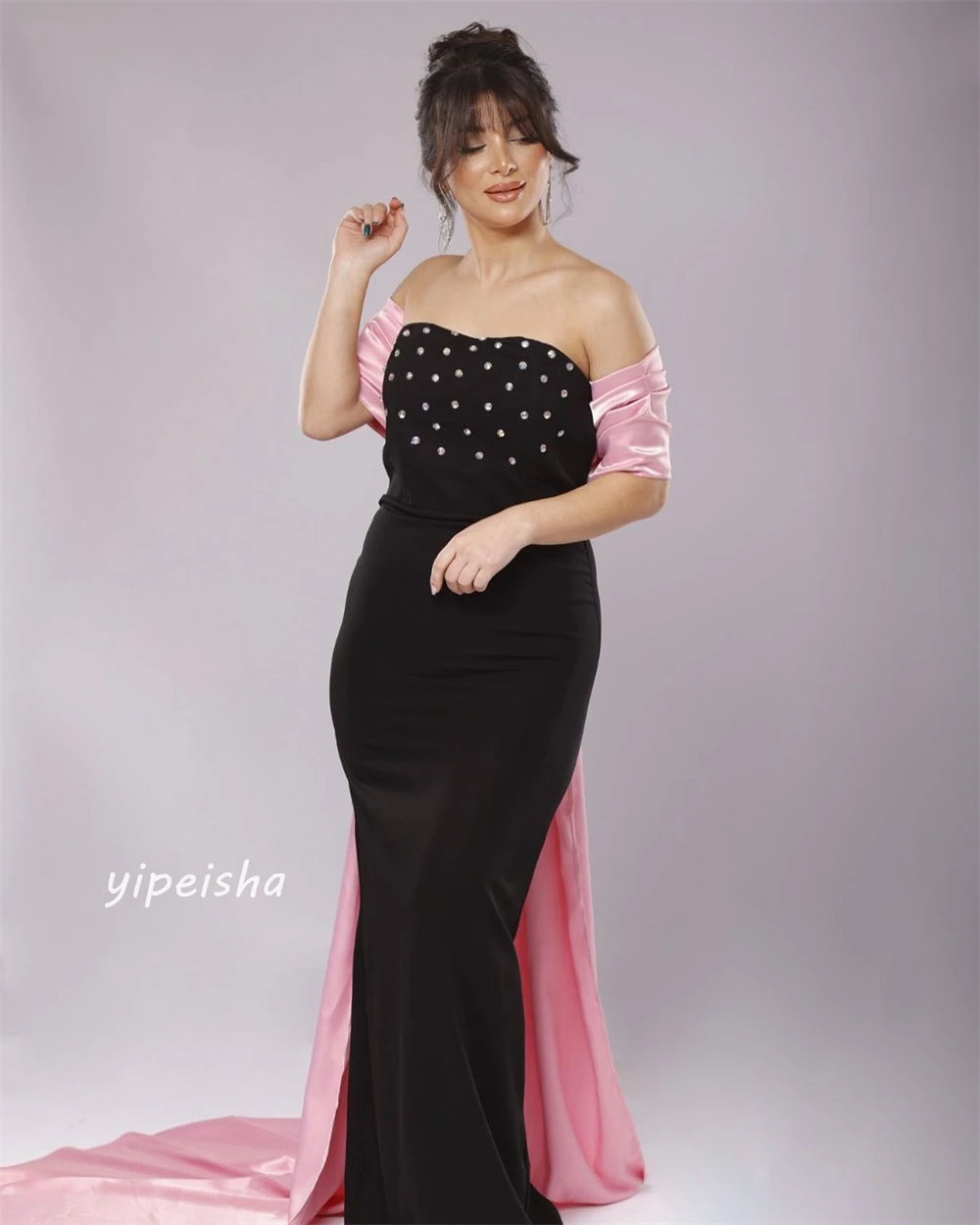 Jersey Sequined Ruched Party A-line Off-the-shoulder Bespoke Occasion Gown Long Dresses