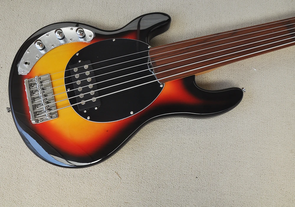 6 Strings Fretless Tobacco Sunburst Electric Bass Guitar with Rosewood Fretboard,Left Hand