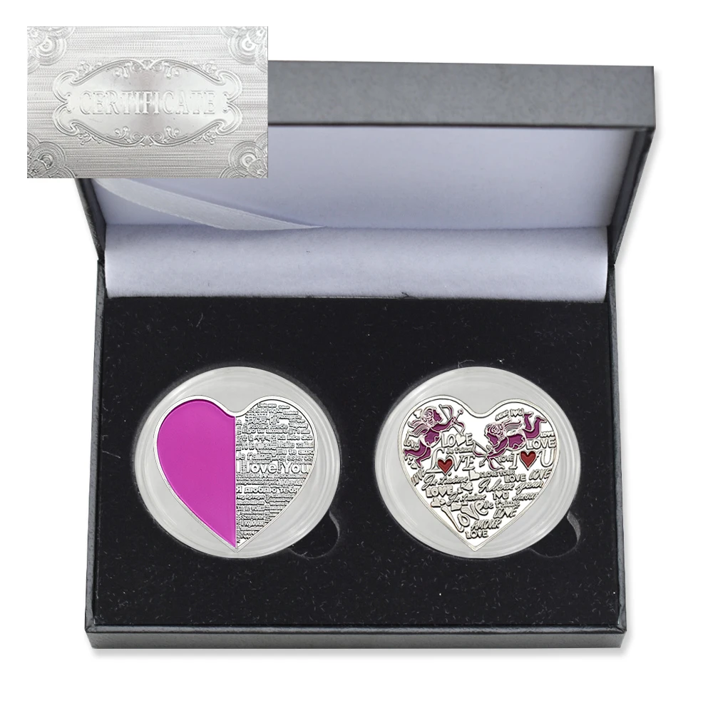 

2pc/boxI Love You Commemorative Coin Metal 3D 100 Languages Heart-shaped Challenge Coin for Girlfriend Wife Valentine's Day Gift