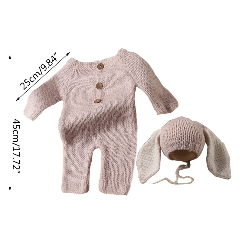 2Pcs/Set Newborn Photo Shoot Props Cosy Knit Romper Solid Jumpsuit and Large Ear Hat Babies Photoshoot Clothing