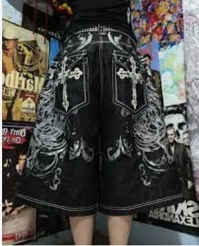 2000s Baggy Embroidery Cross Short Jeans Man Hip Hop American Trend Pocket Overalls Shorts