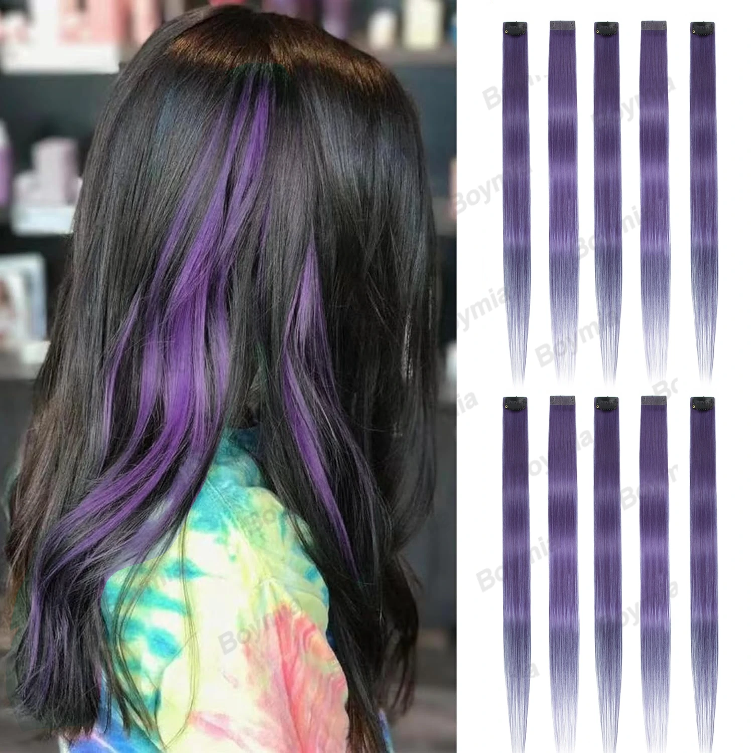 Boymia Colored Clip in Hair Extensions Party Highlights Long Straight Hairpieces for Women Kids Girls Rainbow（12 Colors）