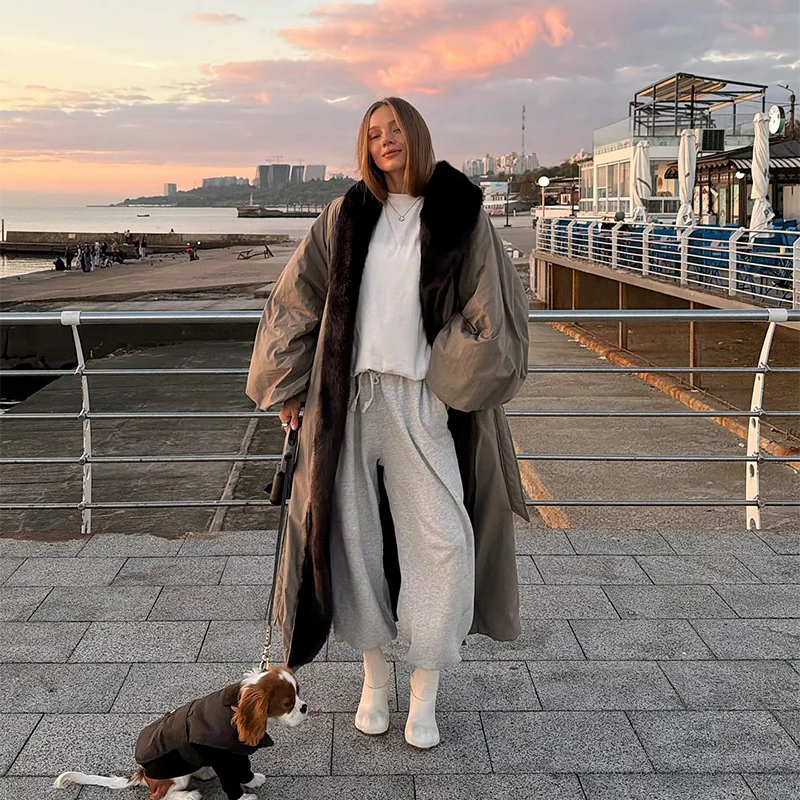 معطف طويل كبير الحجم للنساء فضفاض بياقة من الفرو الصناعي وأربطة معاطف عصرية بأكمام طويلة ملابس خارجية معاطف شتوية جديدة 2025 #3