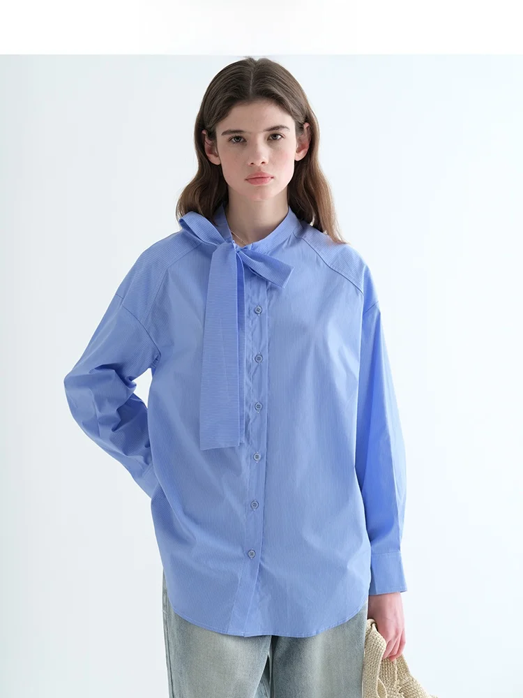 

Casual Women's irt Knot Sa Jiujiu Brand Spring 2026 New Design Loose Fit Cotton Long Sve Striped Pattern