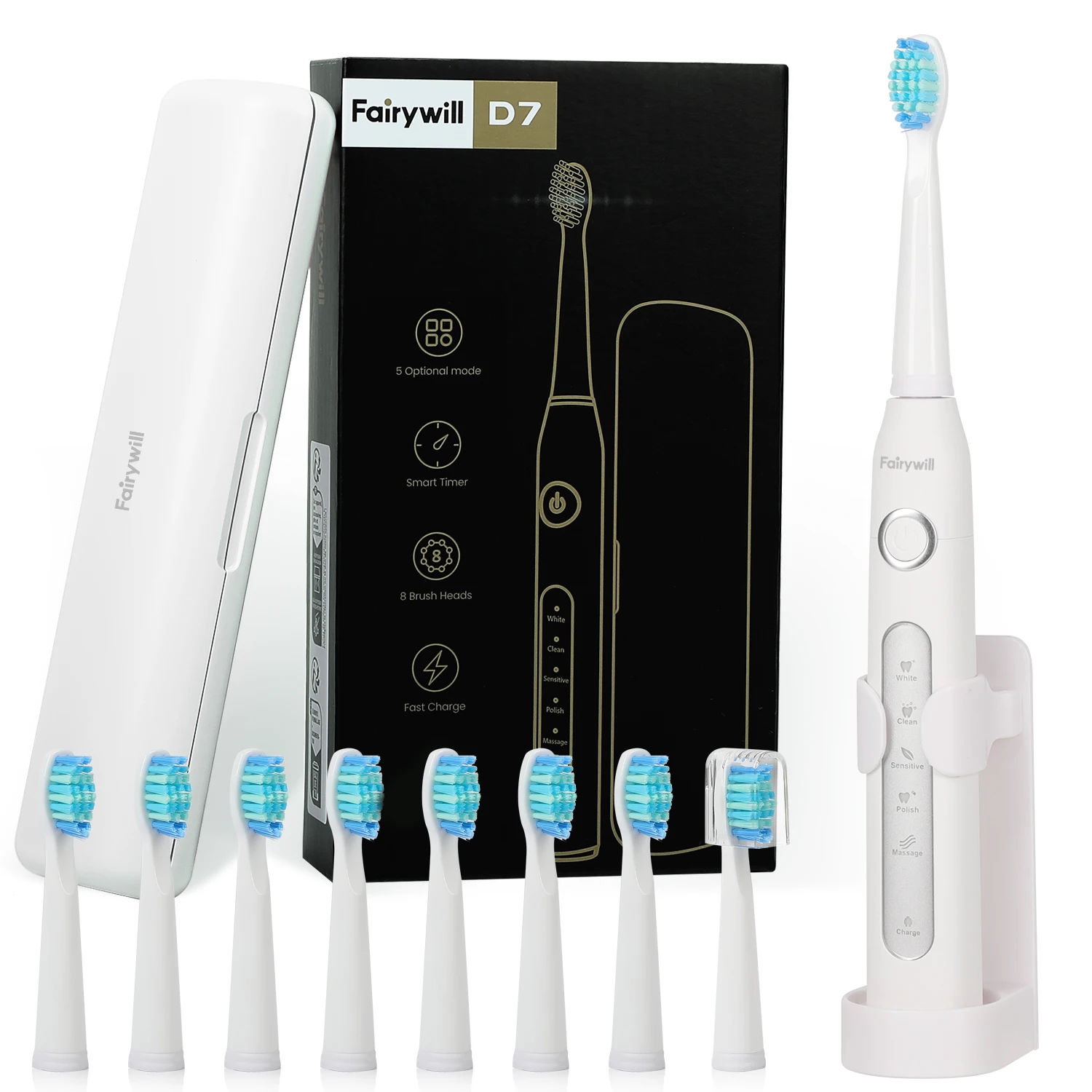 Fairywill FW507 elektrische sonische tandenborstel USB-oplader Tand 8 borstel vervangende waterdichte elektronische tandenborstel met reisetui