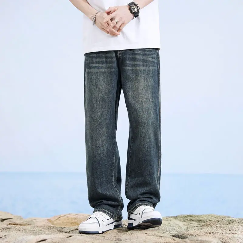 Stretch-Jeans für Herren, Baumwolle, Qualität, weich, locker, weite Hose, elastische Taille, lässige Denim-Hose, Streetwear, Baggy-Jeans für Herren, Sommer