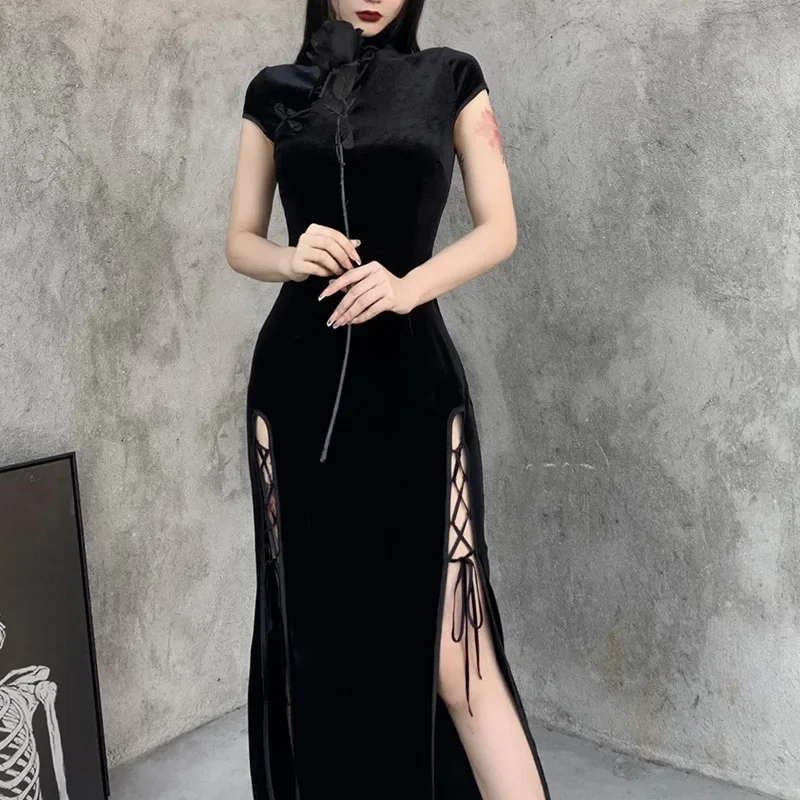 

Romantic Gothic Velvet Aesthetic Dresses Vintage Women Black Bandage SlitHem Bodycon Dress Sexy Evening Wear Cheongsam Retro