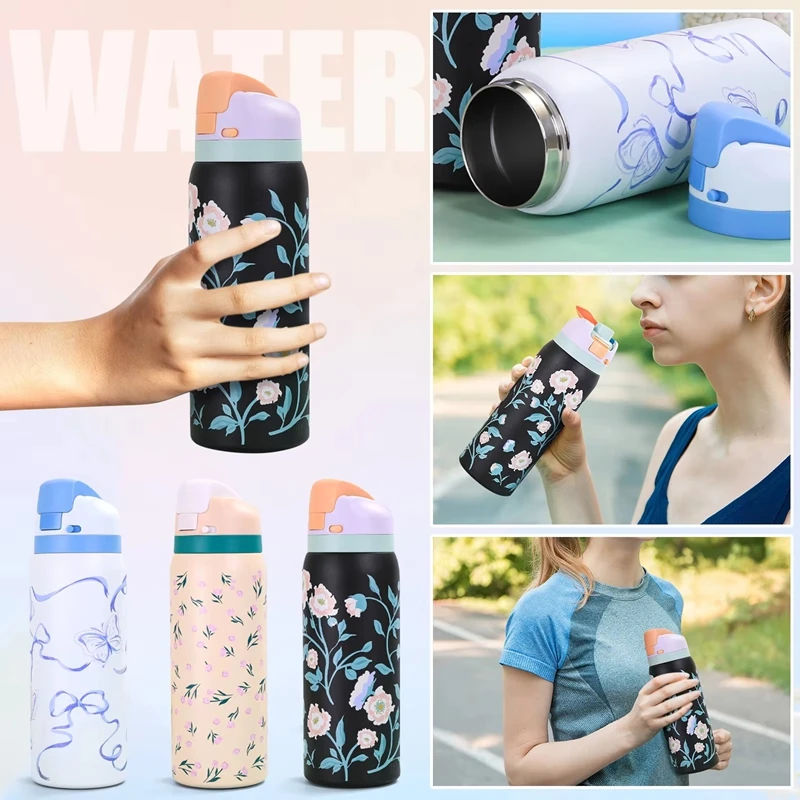 

32oz Stainless Steel Thermos Water Bottle Cute Travel Vacuum Flasks Thermal Cup With Straw Sports Gym Water Bottle For Woman