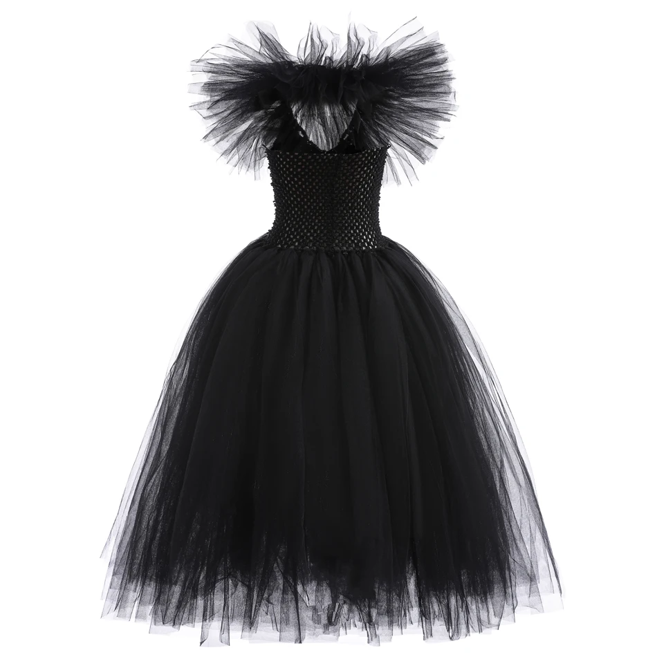 Girl Black Witch Cosplay Dress With Wings Evil Queen Ghost Gothic Luxury Lace Outfits Kids Carnival Halloween Princess Clothings