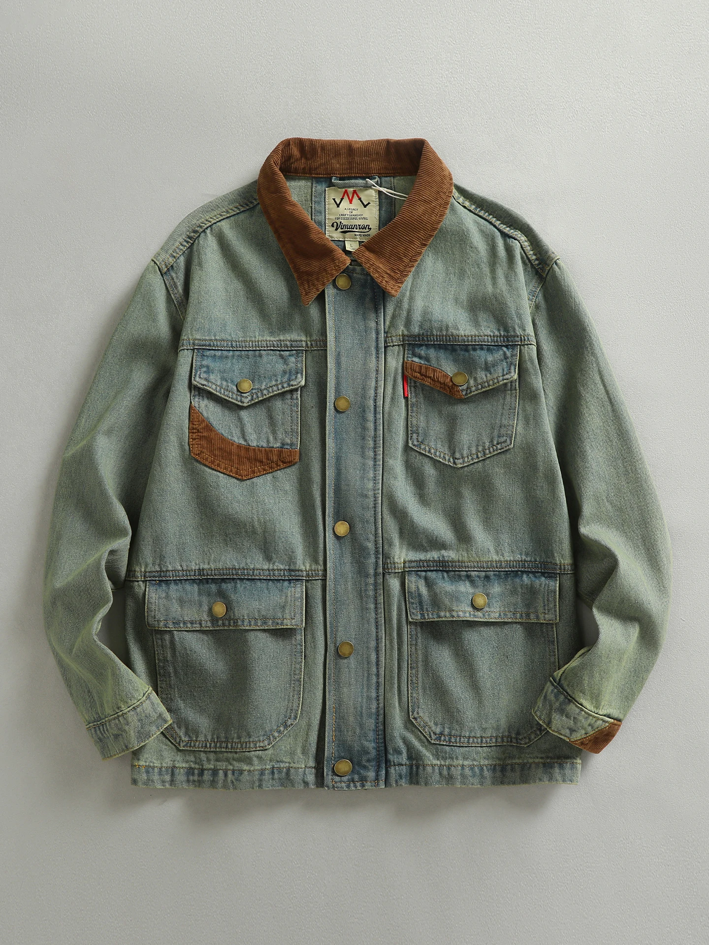 

Retro Washed Denim Corduroy Patchwork Men's Jacket Heavyweight Vintage Style Workwear Multi-Pocket American Trend Outerwear