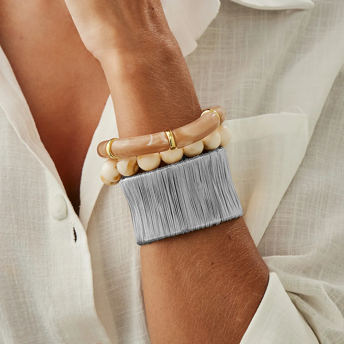 DIEZI Bohemian Round Geometric CCB Resin Beads Elastic Rope Bracelets Jewelry Fashion Vintage Cuff Wide Bangles For Women Men