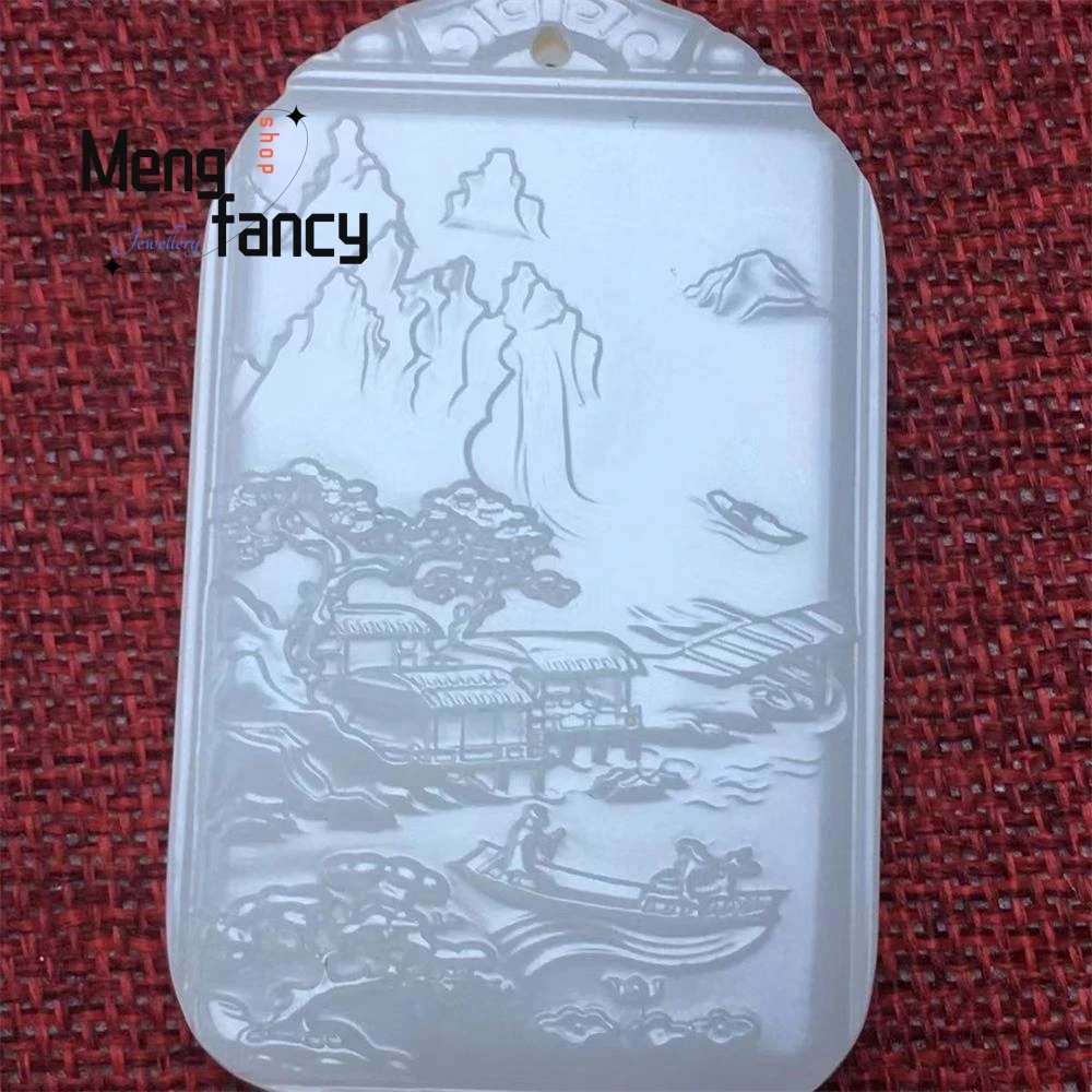 

Natural Hetian Sheep Fat White Jade Landscape Plaque Mountain For Leaning Mountain Water For Wealth Pendant Fashion Fine Jewelry