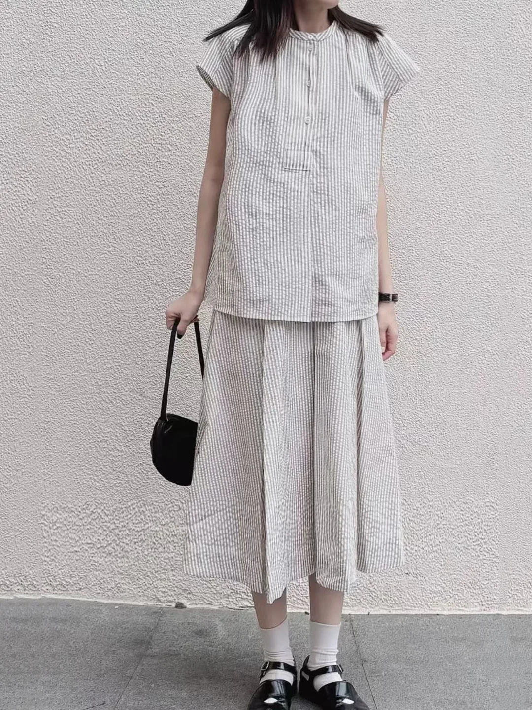 

New Summer Women's Mid-Length A-Line Skirt Stripe Versatile Commute High Waist Cotton Casual Loose Fit Skirt