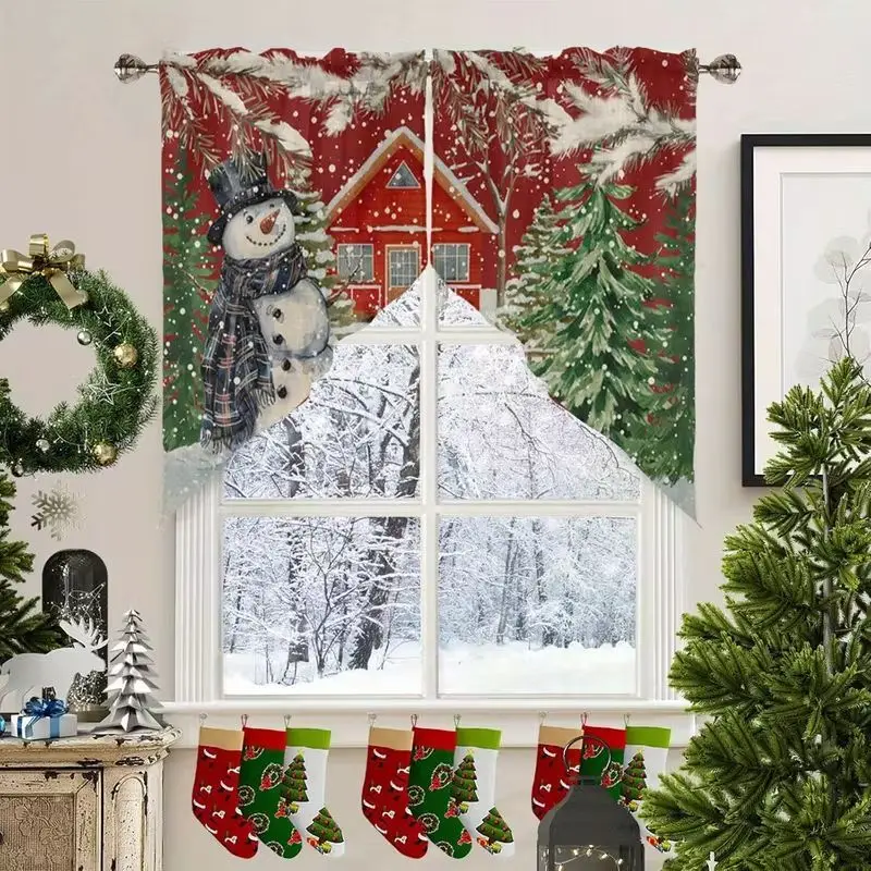 VIKAMA Christmas Swag Curtain Grey Snowman Let It Snow Snowflake Print Triangle Valance For Kitchen Window Living Room Decor