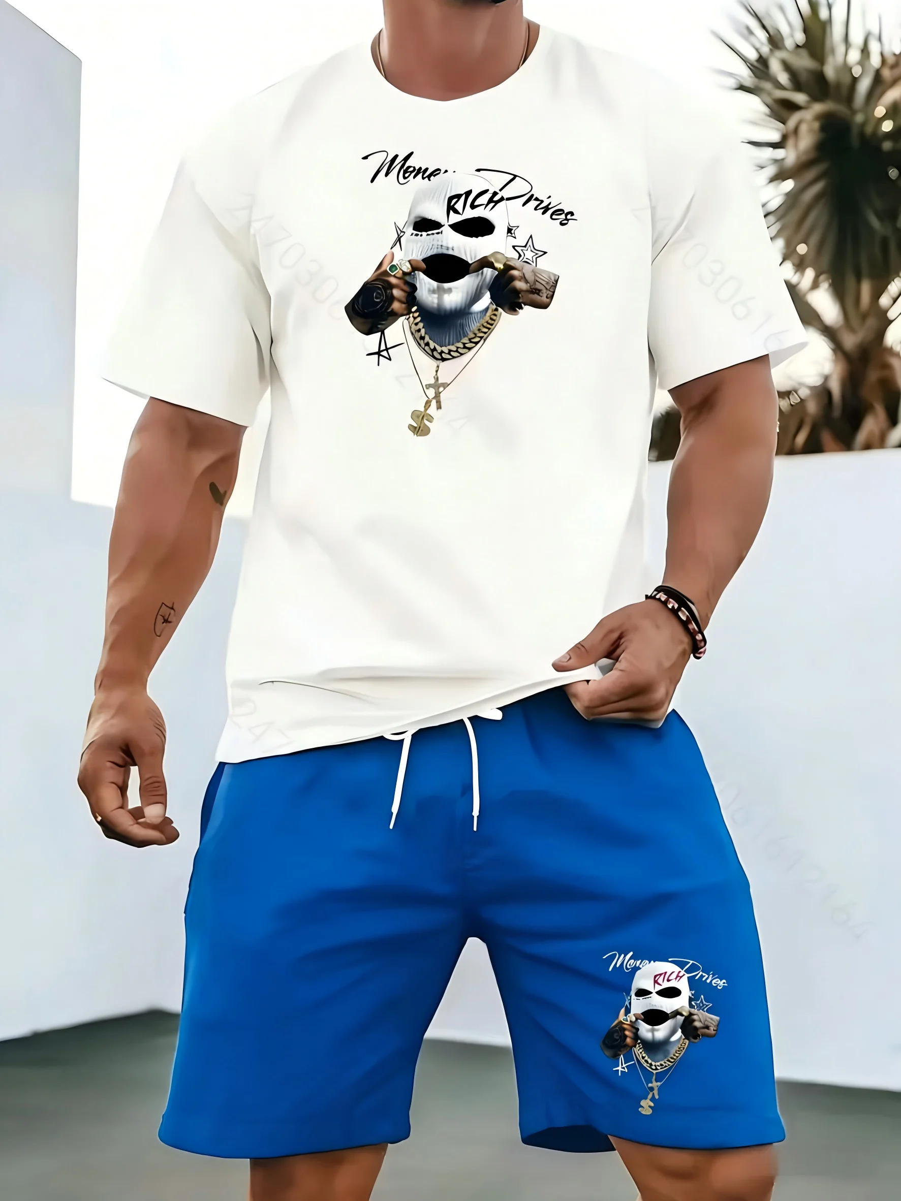 

Men's summer funny character letter print micro elastic breathable round neck T-shirt drawstring shorts set outdoor streetwear