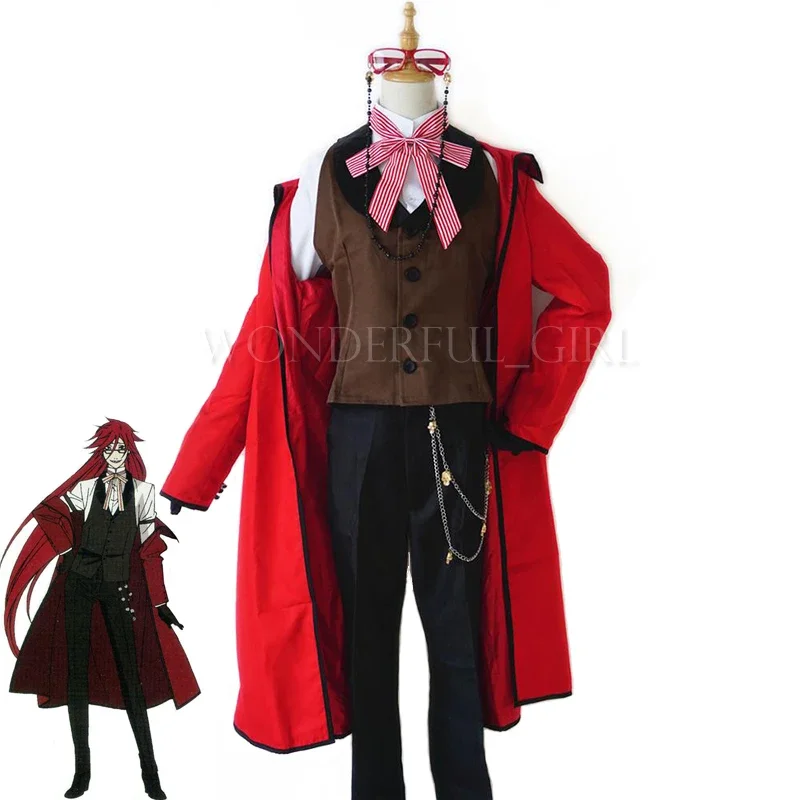 

Full Set Anime Black Butler Death Shinigami Grell Sutcliff Cosplay Red Uniform Outfit Glasses Halloween Costumes for Women Men