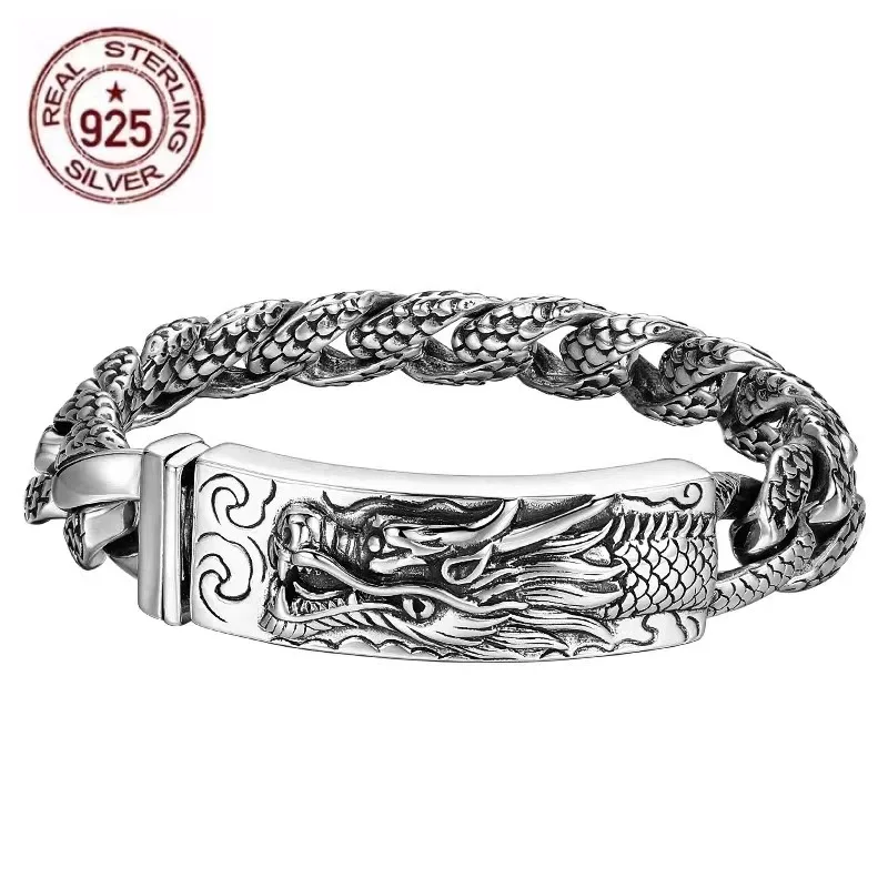 S925 Sterling Silver Vintage National Style Long Brand Leading Bolt Bracelet Men's Bracelet Chain New Style Dominant Fashion