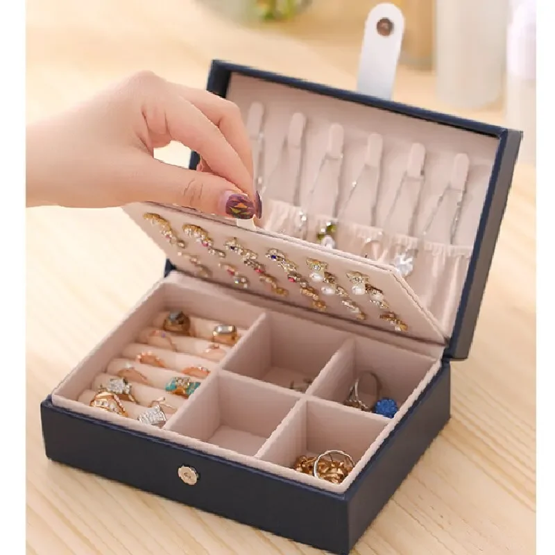 1pcs Double Layer Storage Box Ladies Princess Simple Style Leather Flip Type Jewelry Box Travel Home Portable Jewelry Box Desk