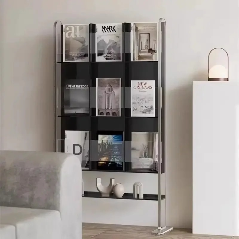 Acrylic floor-to-ceiling transparent bookshelf, living room shelf, simple display rack, newspaper storage, light luxury