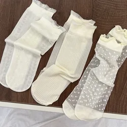 Summer Ultrathin Lace Silk Socks Korean Stripe Dot Heart Ice Silk Sock for Kids Girls White Transparent Thin Crystal Long Socks