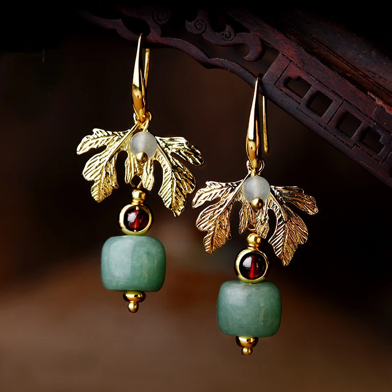 

Chinese Style Wutong Leaf Shaped Earrings Garnet Dongling Jade Lady Jewelry Retro Gift