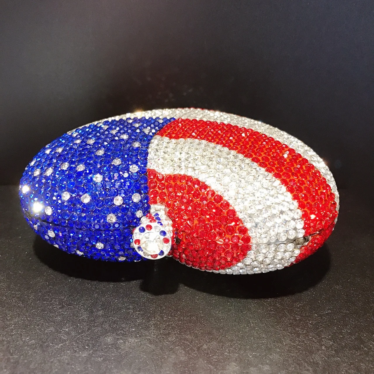 العلم شكل قلب كريستال المرأة مساء مخلب الزفاف المحافظ أبيض/أزرق/أحمر حجر الراين حقائب سيدة حفلة عشاء براثن