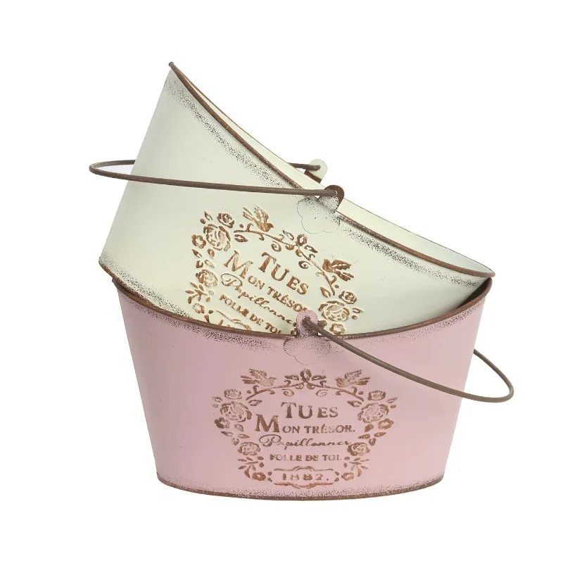 Courtyard Garden Decoration Home Furnishing Balcony Ironwork Vintage Hand Held Flower Pot Stamped Relief Horticultural Plant Tub
