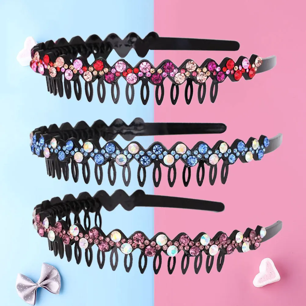 

3pc Waterfall Rhinestone Headband Large Crystal Teeth Comb Hair Hoop For Girls Sparkling Party Wedding Prom Daily Wear Hair