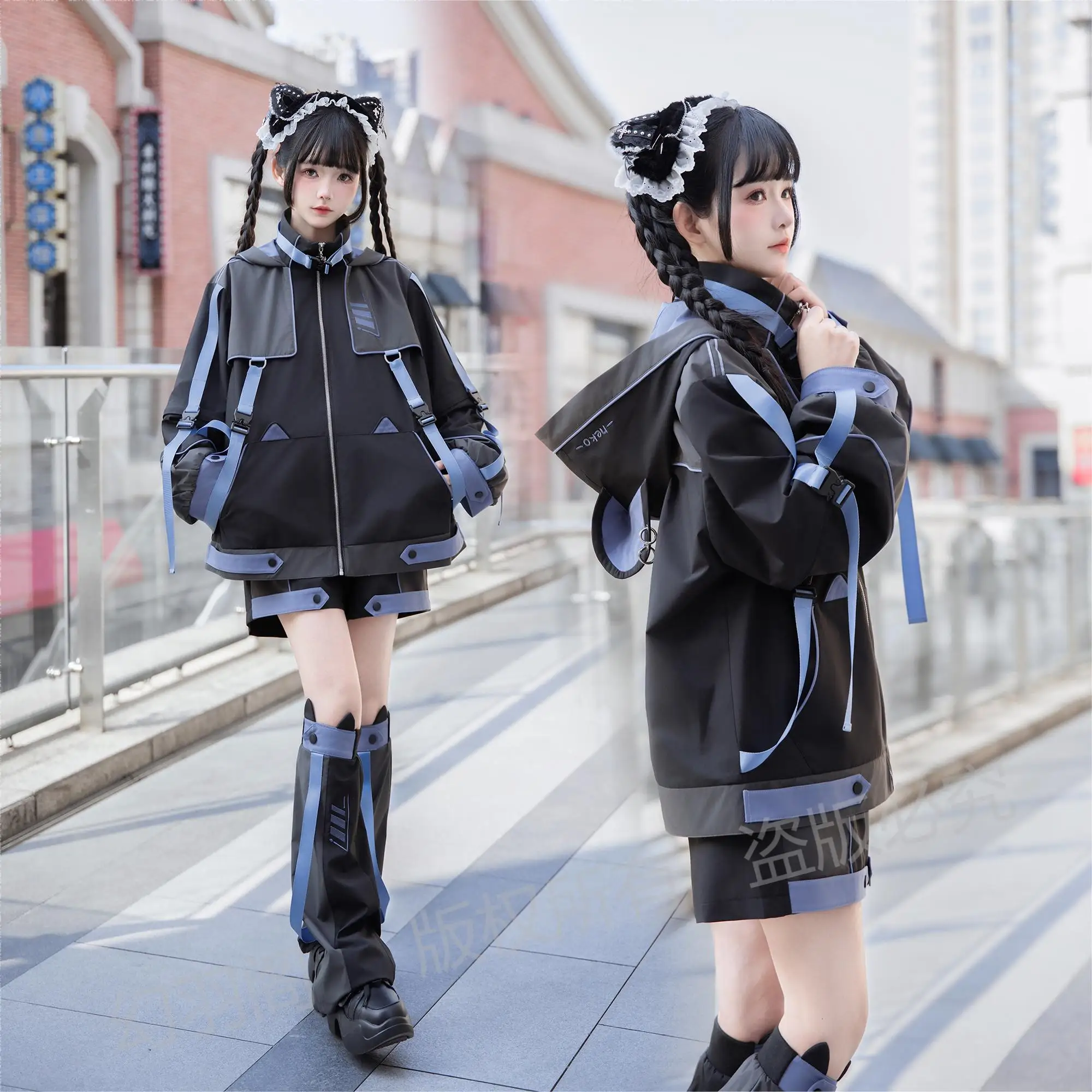 Japanese Subculture Waterproof Interchange Jacket Sets Cute Cat Ears Hooded Detachable Sleeve Cardigans Coat Women Shorts Pants