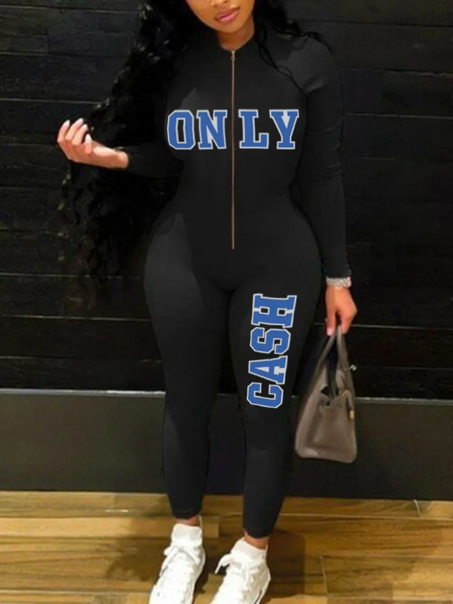 LW Plus Size Woman Zipper Jumpsuits Letter Print Skinny Jumpsuit Sexy Streetwear Casual Rompers Sportswear Jumpsuit