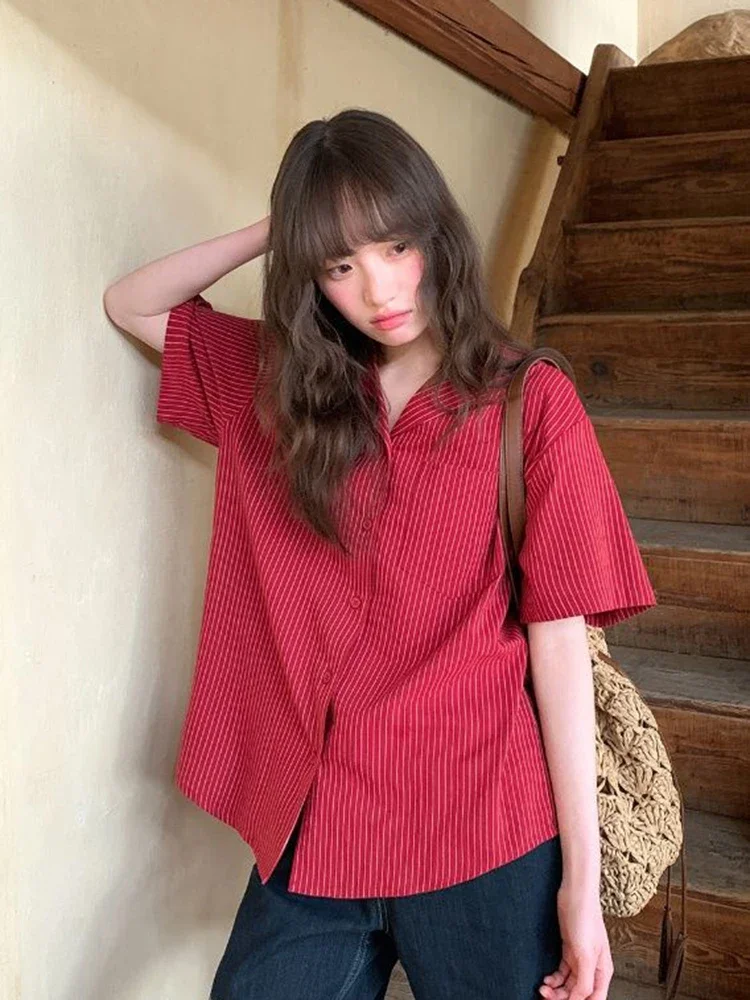 Ropa de calle para mujer, camisa holgada a rayas de manga corta Vintage Y2k, blusa americana Harajuku Retro de verano para mujer, Tops informales nuevos