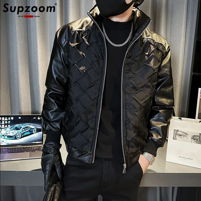 Supzoom 2024 New Arrival Top Fashion Autumn And Winter Splicing Pu Synthetic Leather Diamond Full Black Leisure Jacket Men Coat