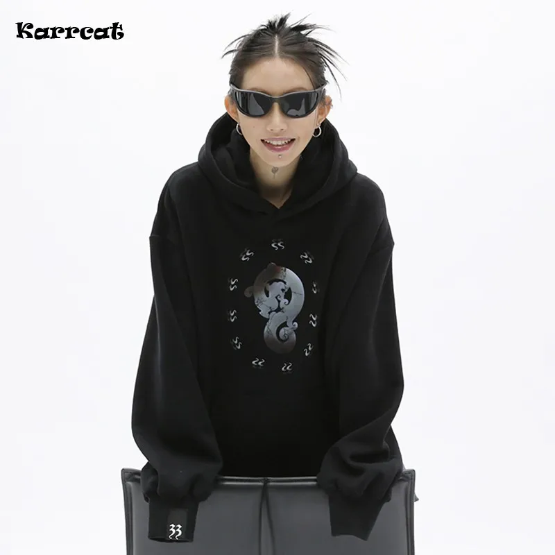 Karrcat Cyber Y2k Hoodies Grunge Print Oversize Hoodie Gothic Dark Aesthetic Sweatshirt Japanese Harajuku Streetwear Vintage Y2k