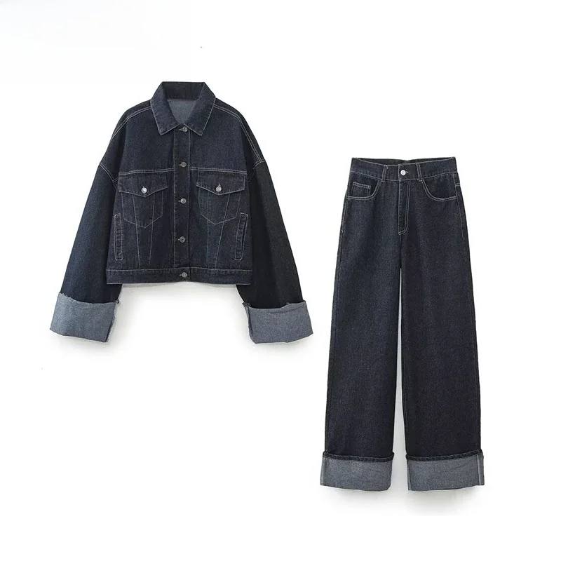 ZBZR Faionable Denim Jaet Mujer Otoño Nuevo Sle Par de prendas de vestir exteriores con pantalones de mezclilla Conjunto de dos piezas Ajuste universal