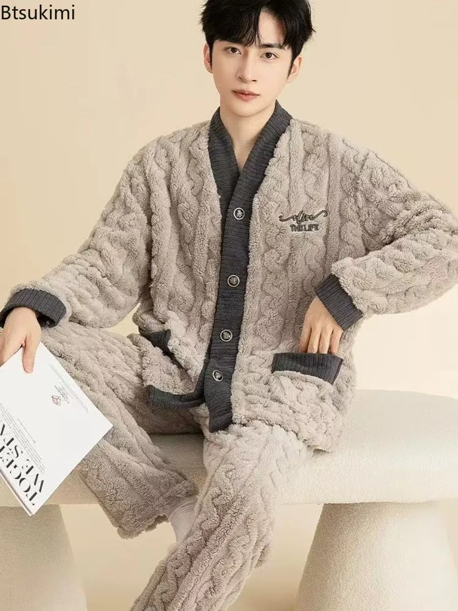 2026 Pajama Set Men's Winter Thick Plush Flannel Loungewear Oversized Loose Fitting Homewear Warmth Two Piece Sleepwear for Men