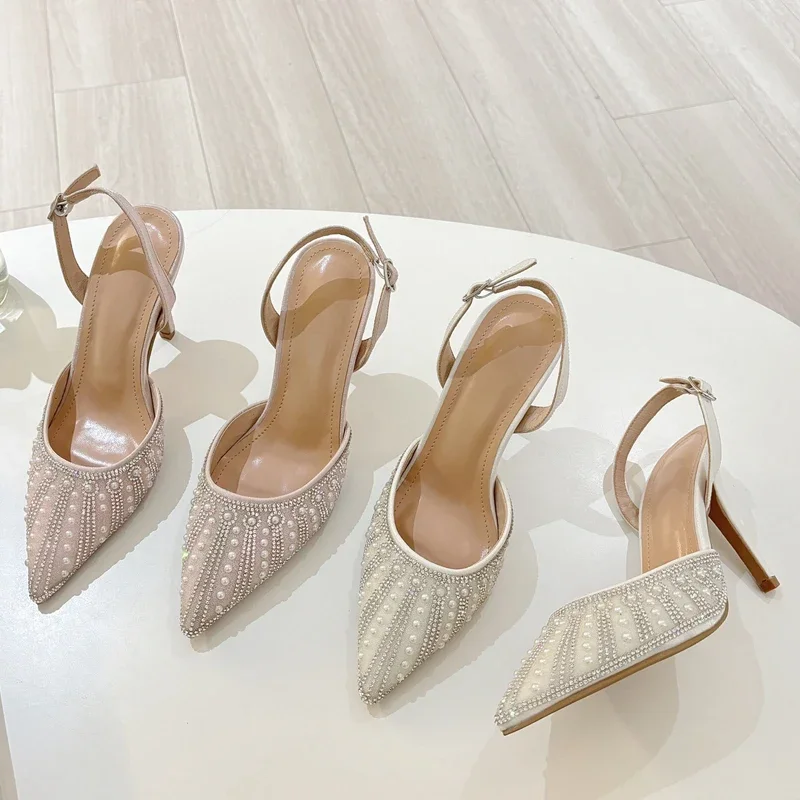 Eilyken Street Style Crystal Bead Buckle Strap Women Pumps Sandals Sexy Pointed Toe Thin High Heels Banquet Party Mule Shoes