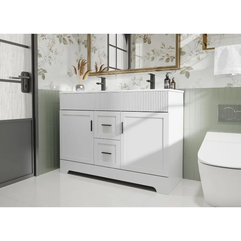 home.48" Lavabo da bagno combinato con superficie verniciata, mobiletto moderno con cassetti e linee ondulate decorative, sottopiano D