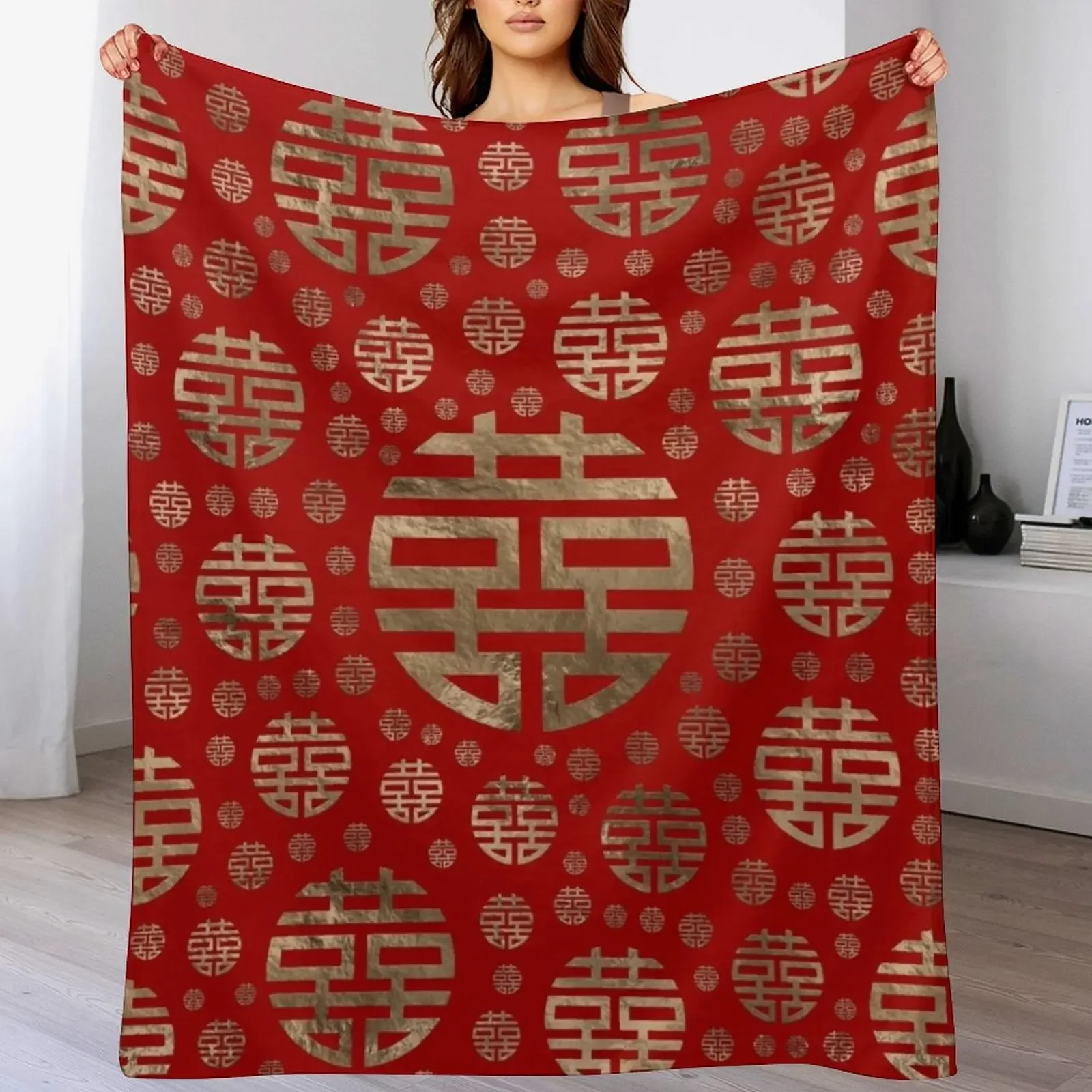 

Double Happiness Symbol pattern - Gold on red Throw Blanket Bed Fashionable Soft Plush Plaid Soft Plaid Vintage Blankets