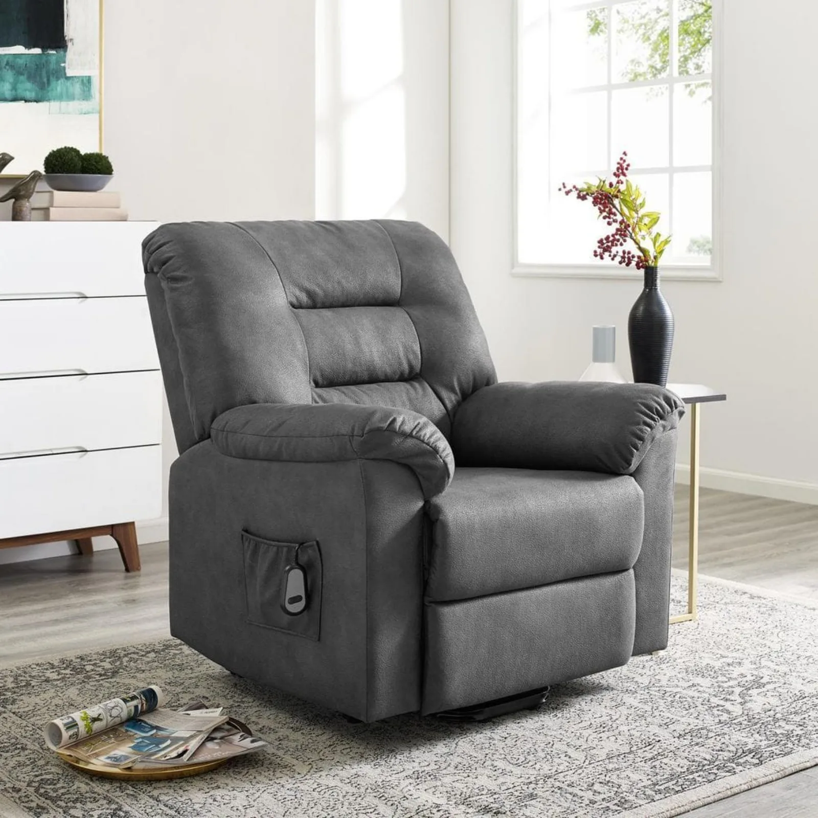 US Faux Leather Power Lift Recliner Chair with Footrest, Reclining Chair with Remote Control in Gray