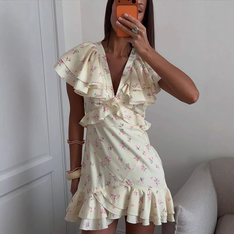 

TARUXY Printed Ruffled Dress Women's Elegant V-Neck Satin Floral-Print Mini Dress 2026 Summer New Slim Sexy Vacation Party Dress