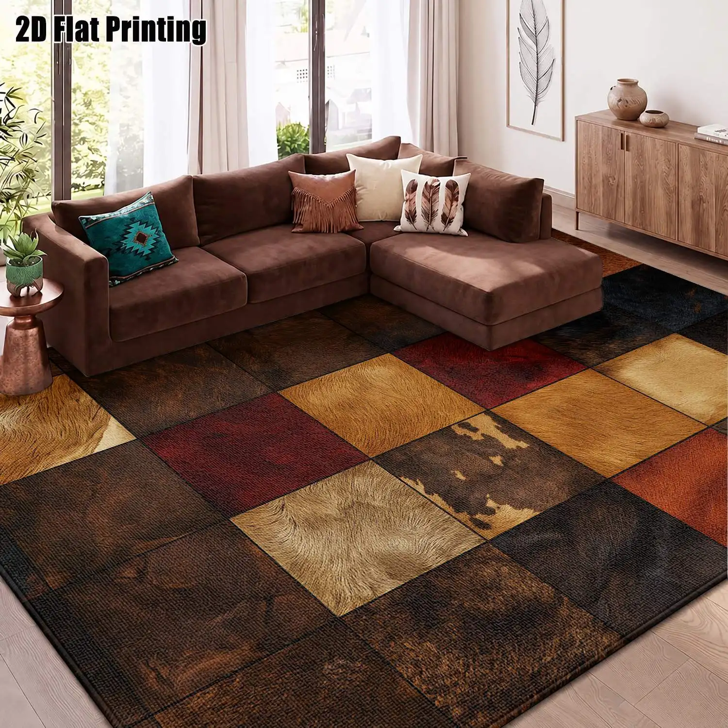 1Pc 2D Printed Retro Brown Yellow Patchwork Nordic Modern Simple European Geometric Striped Home Carpet, Multi-Size Machine Washable, for Entrance, Dining, Foyer, Living Room, Bedroom