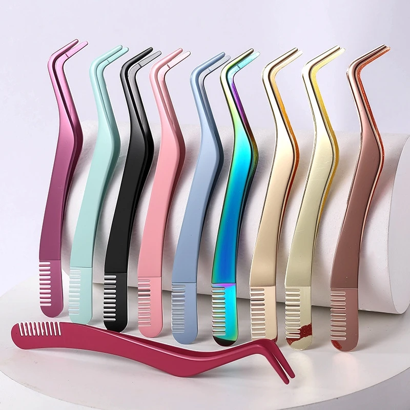 

Пинцет для наращивания ресниц из нержавеющей стали с изогнутыми кончиками и расческой-зажимом в форме морского конька для точного наращивания ресниц, для визажистов и свадебного макияжа