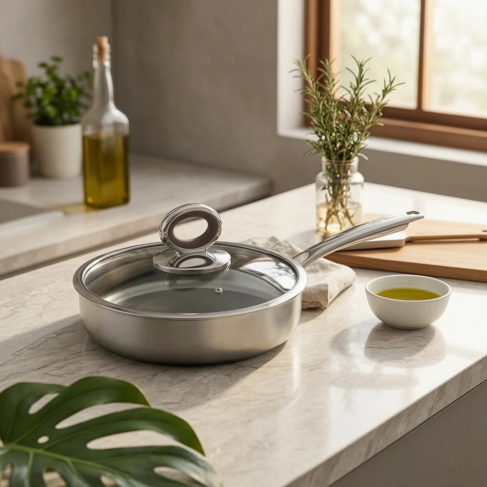 Stainless Steel Skillet with Lid Fluorinewithout Stainless Steel Frying Pan Induction Frying Pan Flat Bottom Cookware Long