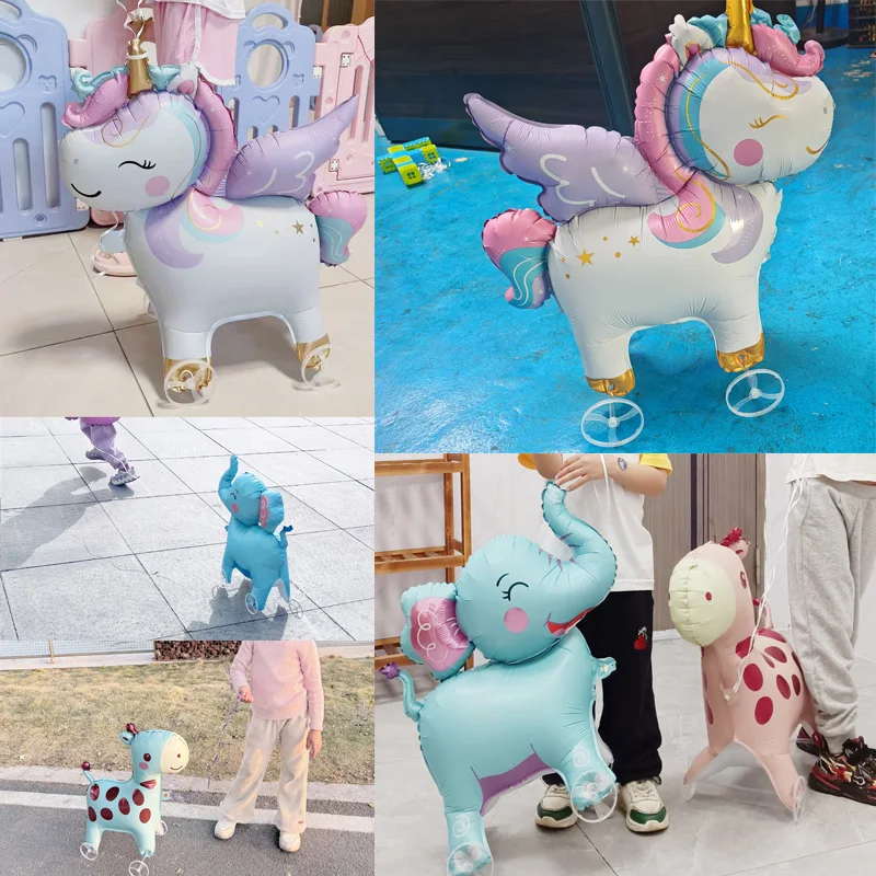 

1PCS Cartoon Foil Balloon animal Stand Walking Balloon With Wheel For Kid Birthday party Decor ballons Baby Shower Accessories
