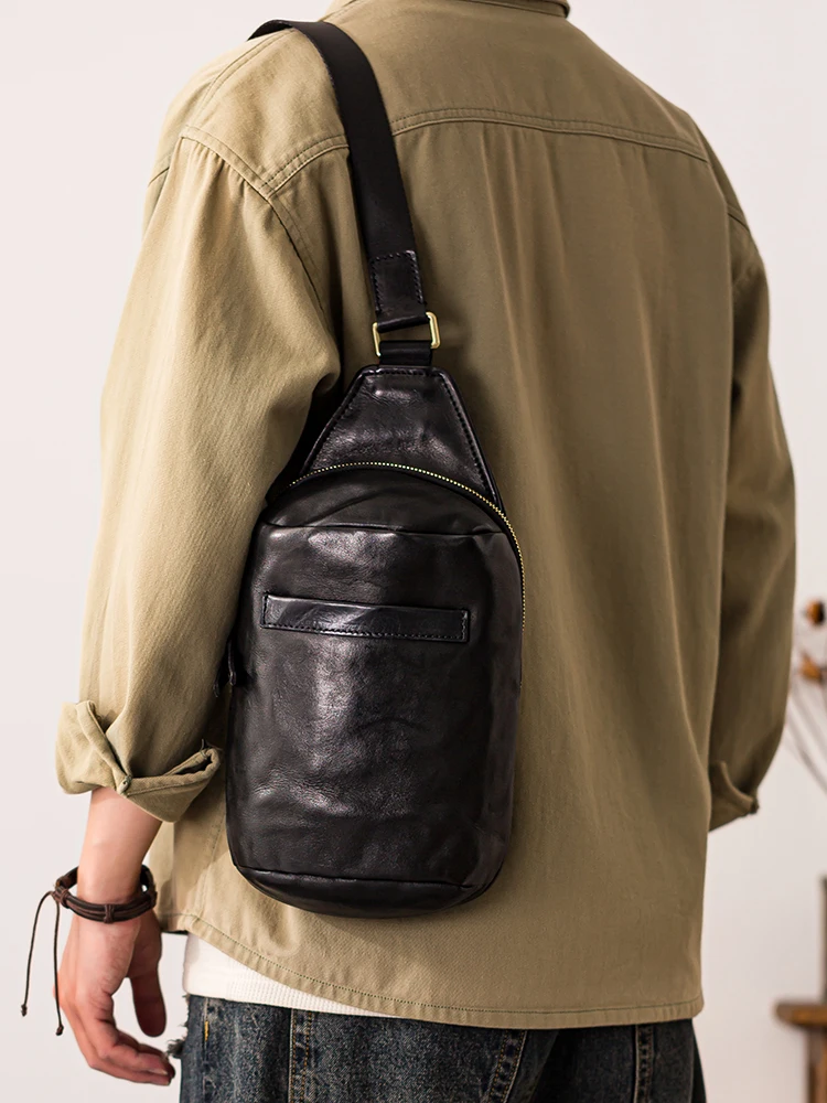 Organizers designers handmade first layer cowhide men's chest bag simple casual fashion genuine leather black crossbody bag