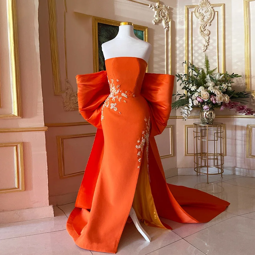 

Customized Mermaid Prom Dress with Bow and Diamond Strapless Bowknot Side Slit Appliques Robes De Soiree Orange Evening Dresses