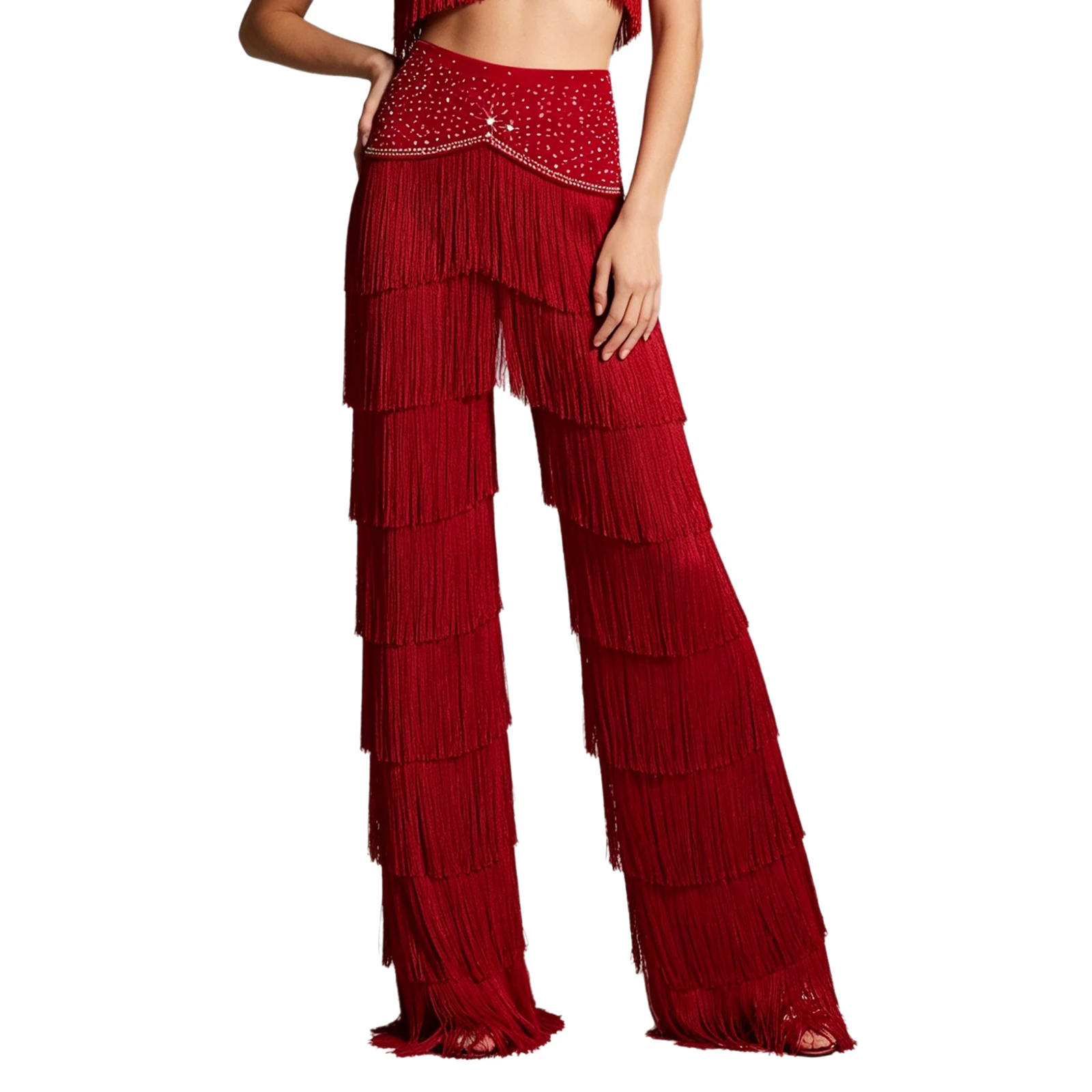 Women Tassels Latin Dance Pants Rhinestone Layered Fringed Trousers for Ballroom Tango Cha-cha Rumba Samba Salsa Disco Costume