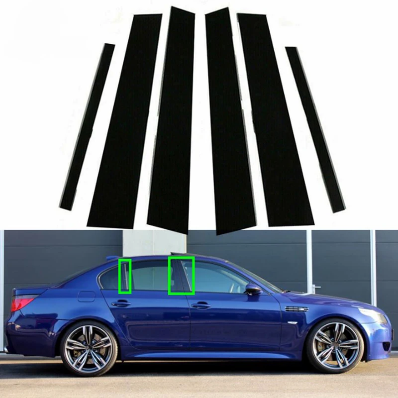 6Pcs Glossy Black Window Door Column B C Pillar Post Cover Trim For BMW 5-Series E60 4-Door Sedan 2003-2010 Auto Sticker Styling