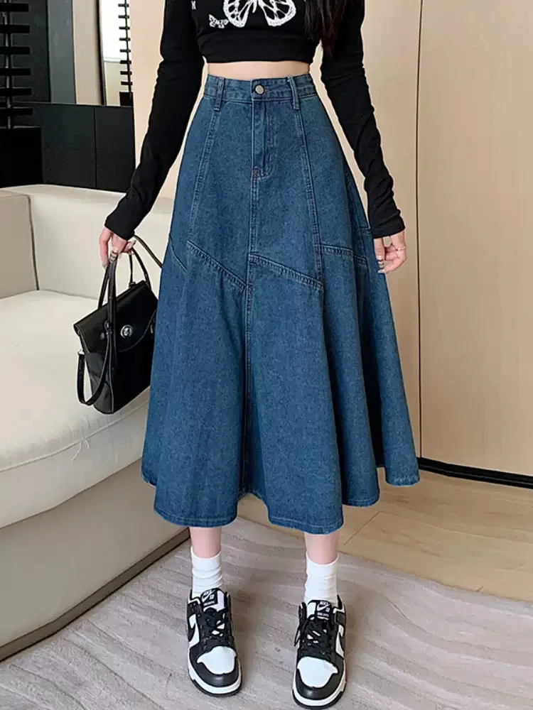 New Women Spring Summer Black Denim Skirt Fashion High Waist Patchwork A-Line Mid-Calf Skirt Vintage Casual Plus Size Skirt