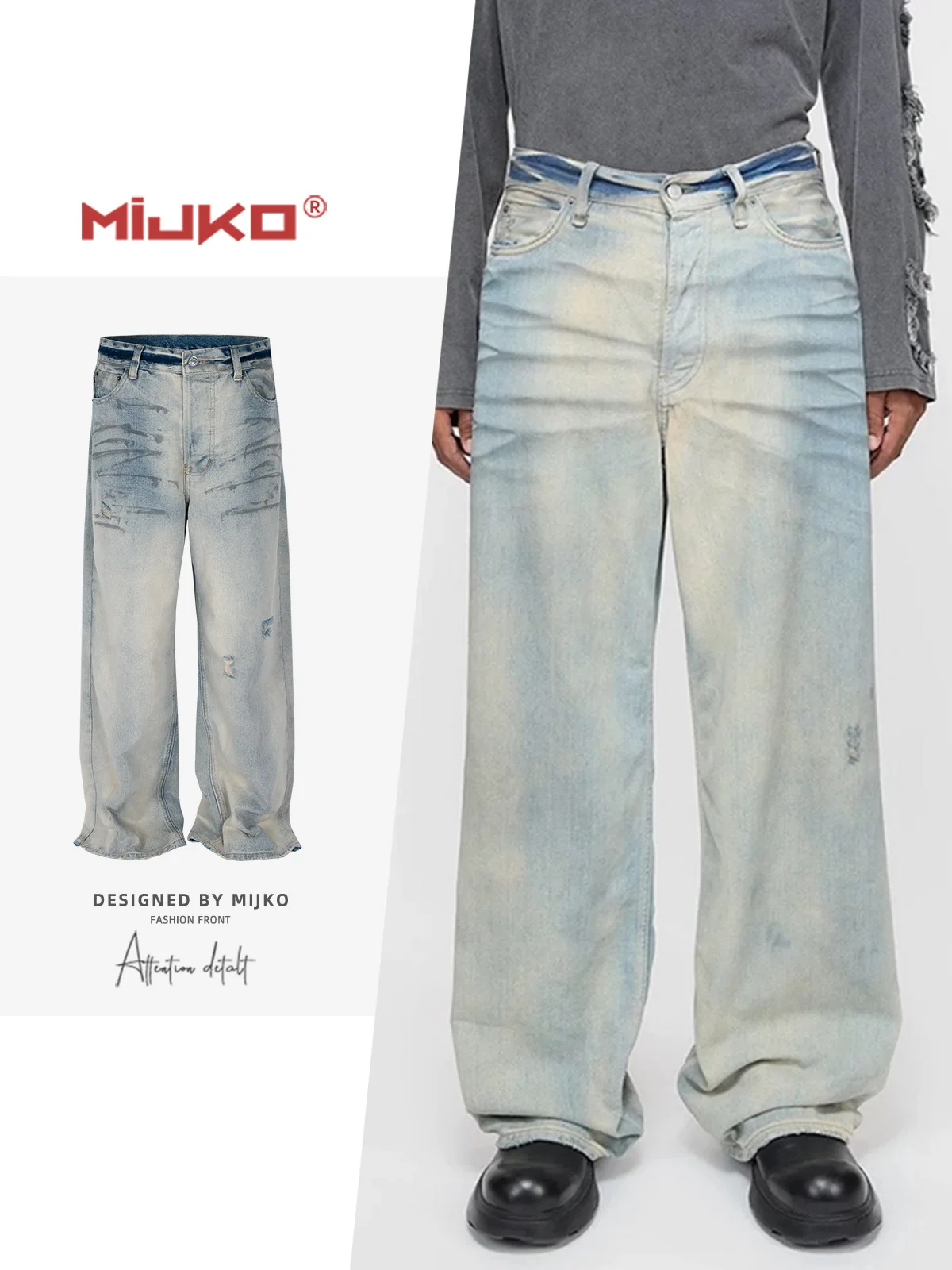 

MIJKO Light Blue Straight Loose Jeans 25SS Ripped Cat Whisker Print 1981M TJ125